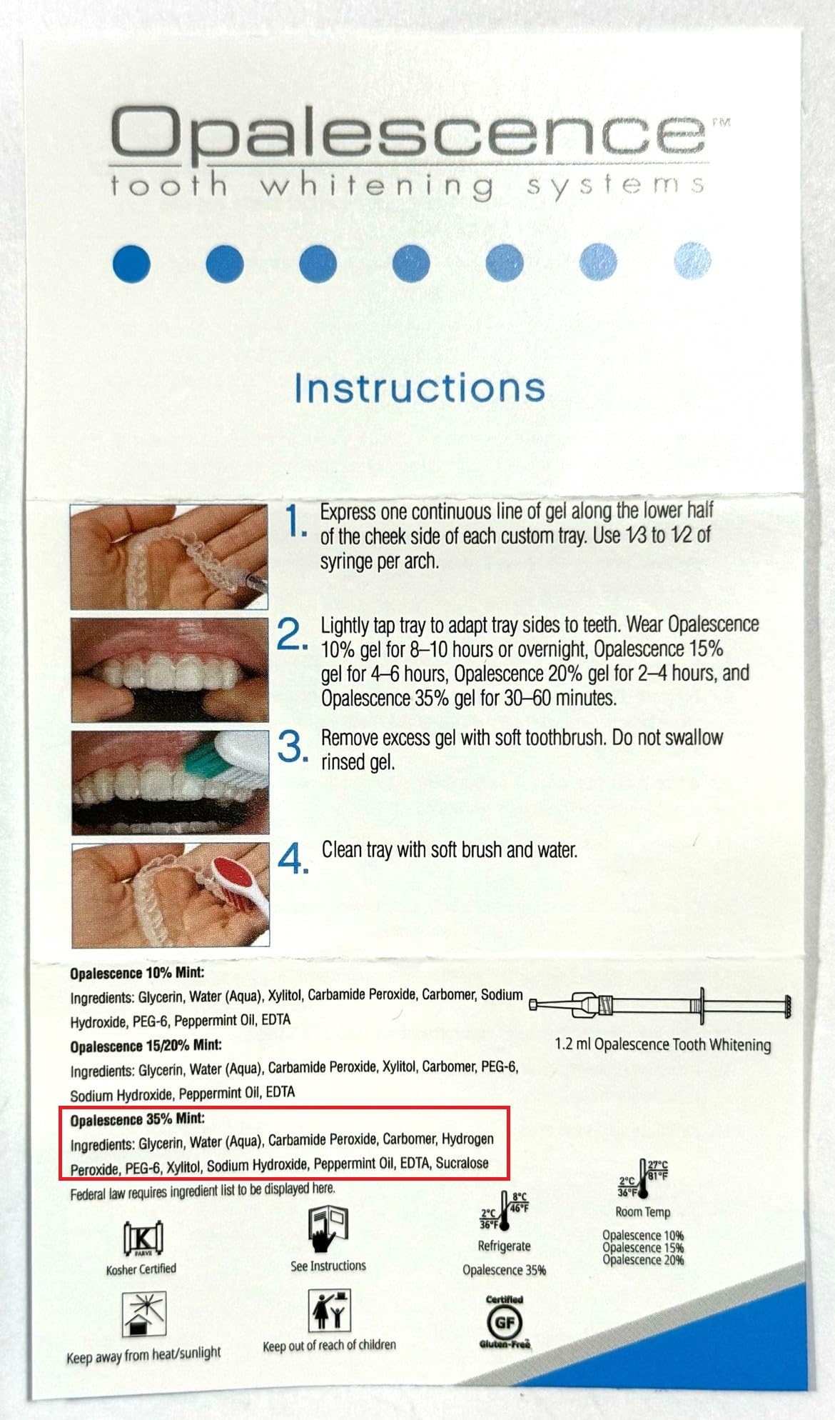 Opalescence 35% CP Mint - Gel Syringes Teeth Whitening - Refill Kit (2 Packs / 4 Syringes Total) Carbamide Peroxide Gel. Made by Ultradent. Tooth Whitening Refill Syringes 5197-2