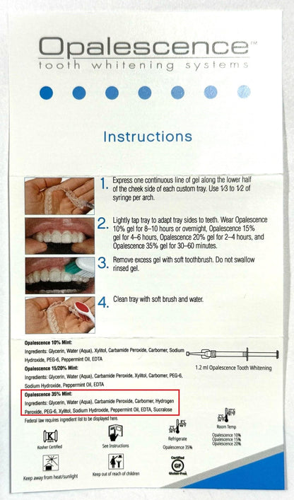 Opalescence 35% CP Mint - Gel Syringes Teeth Whitening - Refill Kit (2 Packs / 4 Syringes Total) Carbamide Peroxide Gel. Made by Ultradent. Tooth Whitening Refill Syringes 5197-2