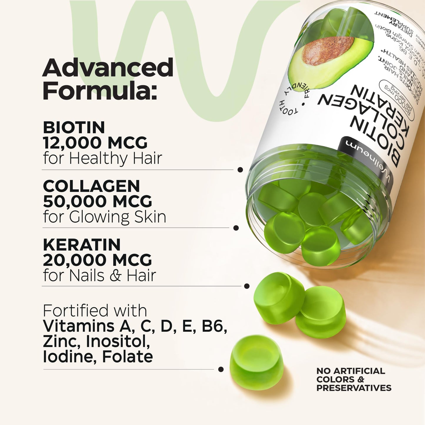 Biotin for Hair Growth Women/Men 12000mcg, Skin & Nails Support Gummies + 70000mcg Collagen Peptides (Collagen Powder in Gummy Form) + 20000mcg Keratin + Retinol, Sugar Free, 120 Gummies (2 Pack)