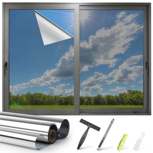 Kromapolis Window Privacy Film Reflective Mirror Film One Way Window Tint for Home, Daytime Privacy Heat Control Anti UV Glass Tinting, Non-Adhesive (Silver, 35.4 x 157.4 inch)
