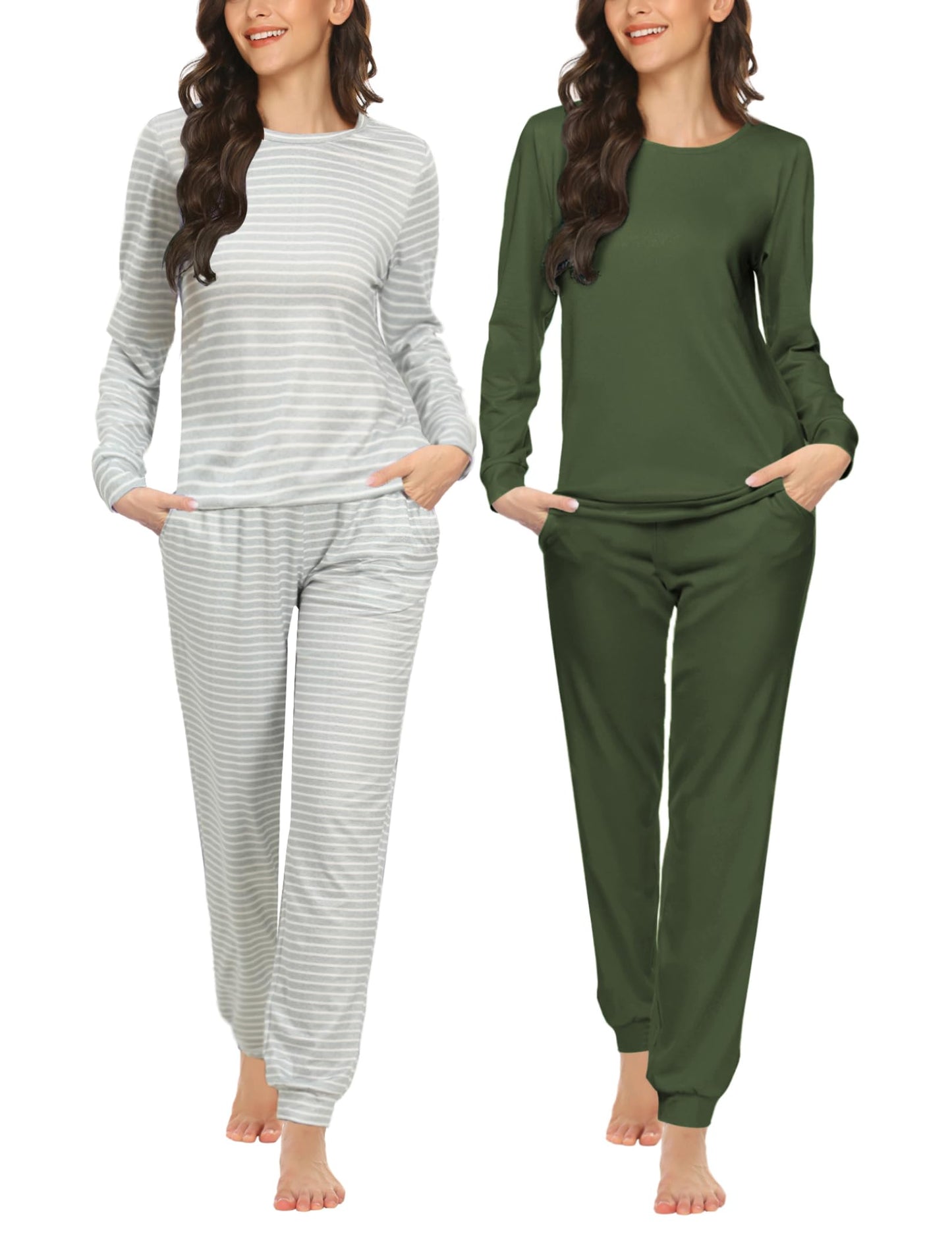 Ekouaer 2 Pack Women's Pajama Set Long Sleeve Top with Jogger Pants Lounge Sets Sleepwear Loungewear with Pockets Army Green&Grey Stripes X-Large