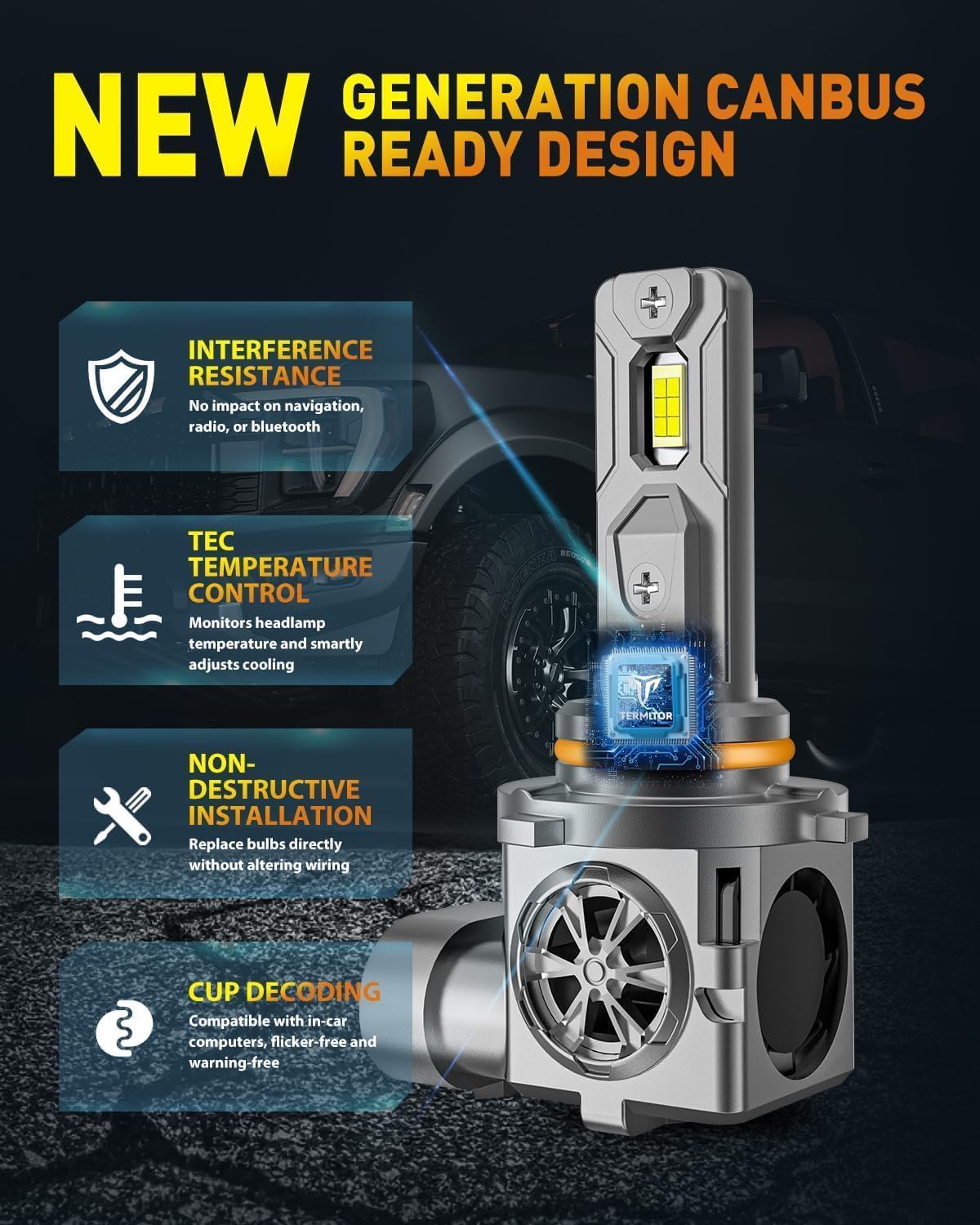 Termitor Upgraded H11/H9 Bulbs, 70,000LM 12X Super Brighter, 6500K Cool White, 1:1 Mini Halogen Size H11 H9 Fog/Driving Lights with Cooling Fan, Plug and Play, Pack of 2