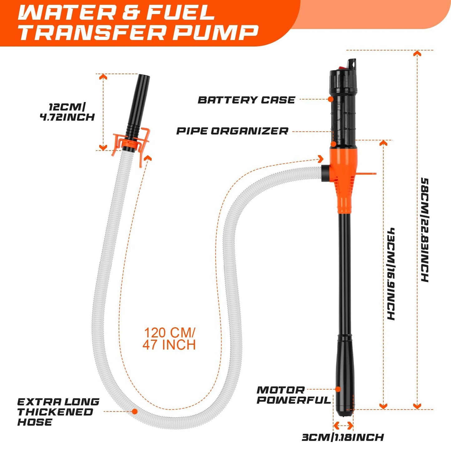 Portable Transfer Pump Battery Operated Electric Siphon Pump for Gas, Fuel, Diesel, Water Transfer 2.4 GPM Flow Oil Extractor, 47 Inches Hose-Easy to Use Hand Fuel Pump, Multi-Use Siphon Transfer Pump