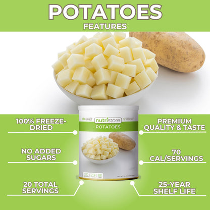 Nutristore Freeze-Dried Vegetables | Emergency Food Storage | 25-Year Shelf Life | Prepping Pantry Staple | Broccoli, Corn, Peas & More | Bulk Long-Term Survival Supply (1-Pack, Potatoes)