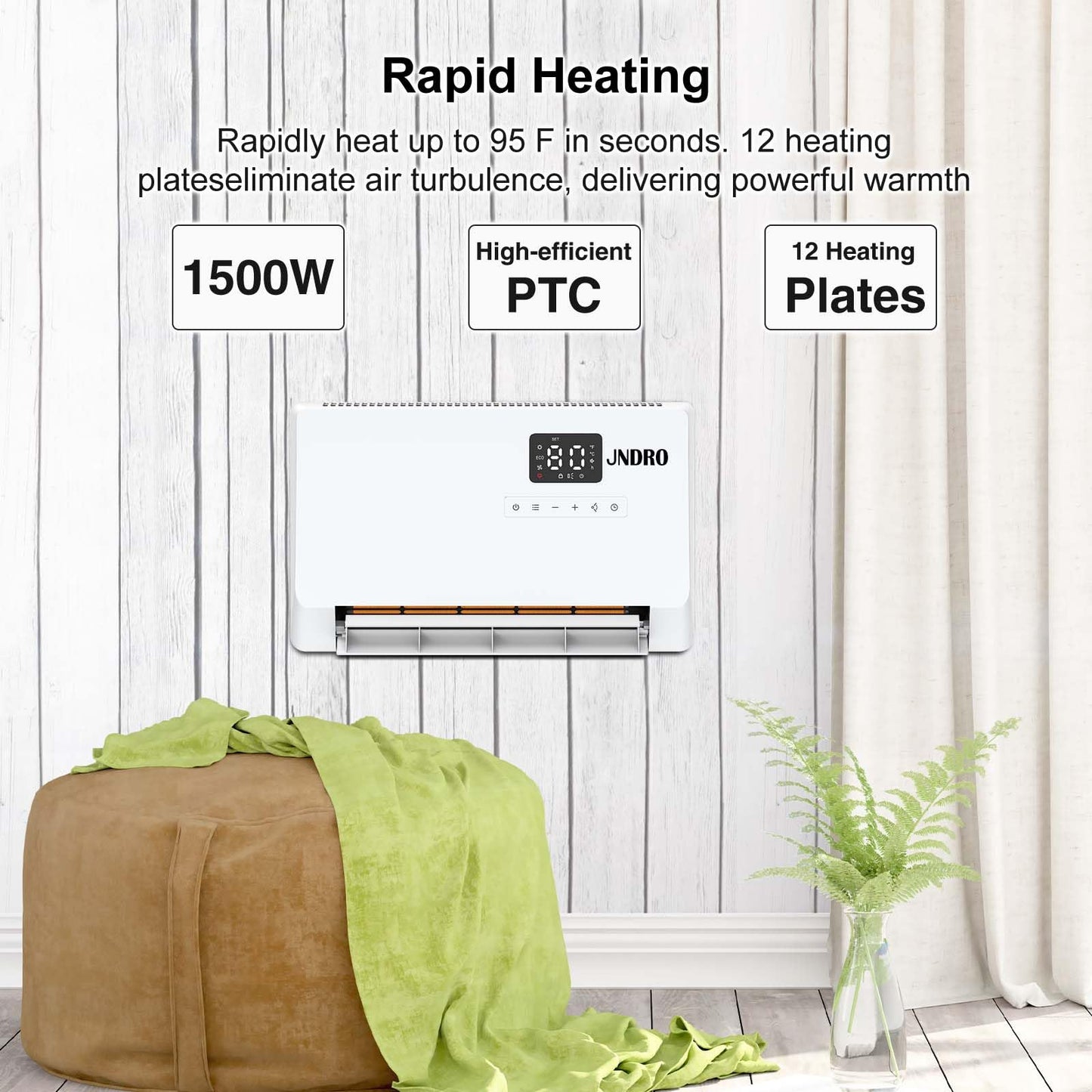 Wall-Mounted Space Heater with ECO Thermostat and Remote Control, LED Display, 60°/90°/120° Oscillation Modes, 24-Hour Timer, Indoor Electric Space Heater