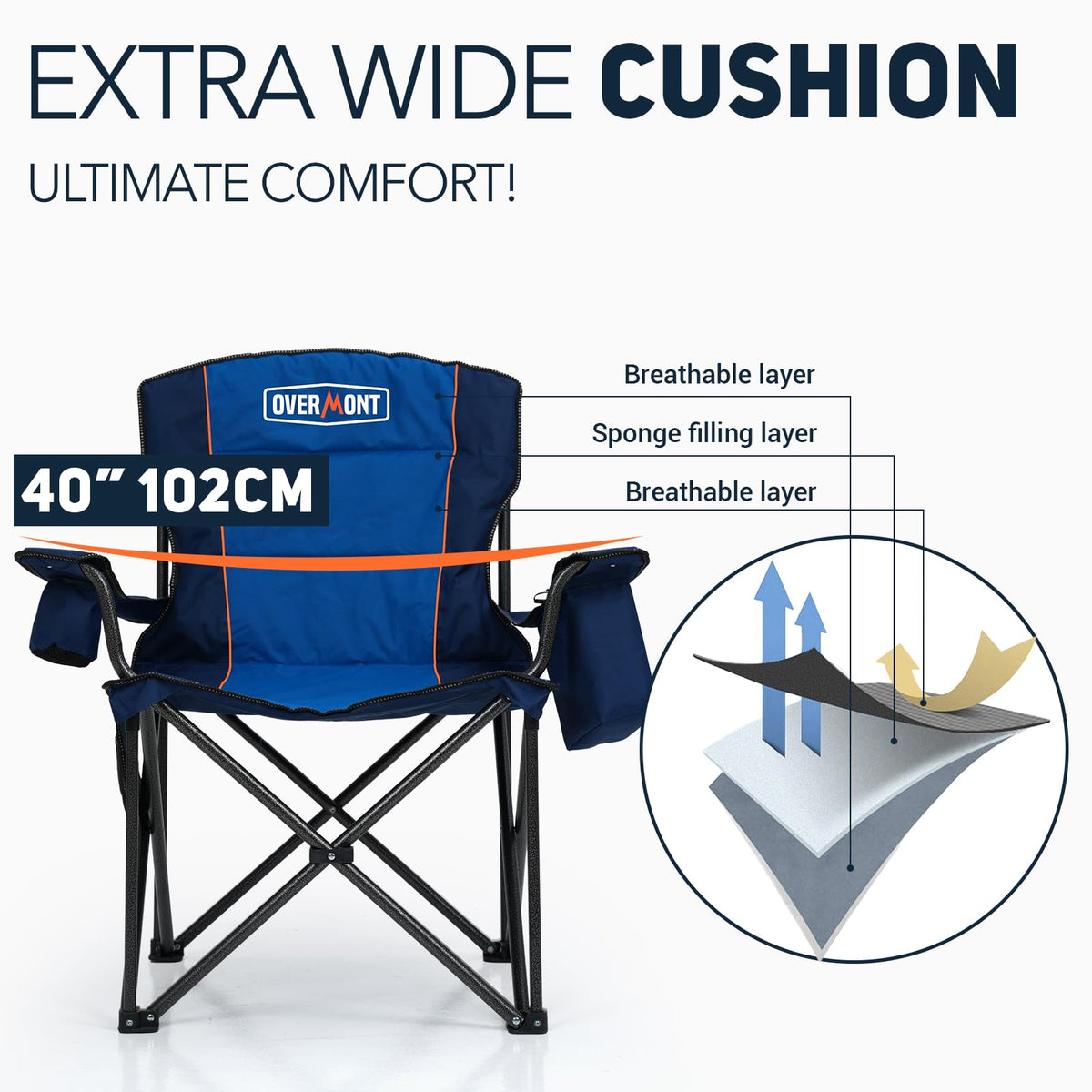 Overmont Oversized Folding Camping Chair - 450lbs Support with Padded Cushion Cooler Pockets - Heavy Duty Collapsible Chairs for Sports Garden Beach Fishing Blue