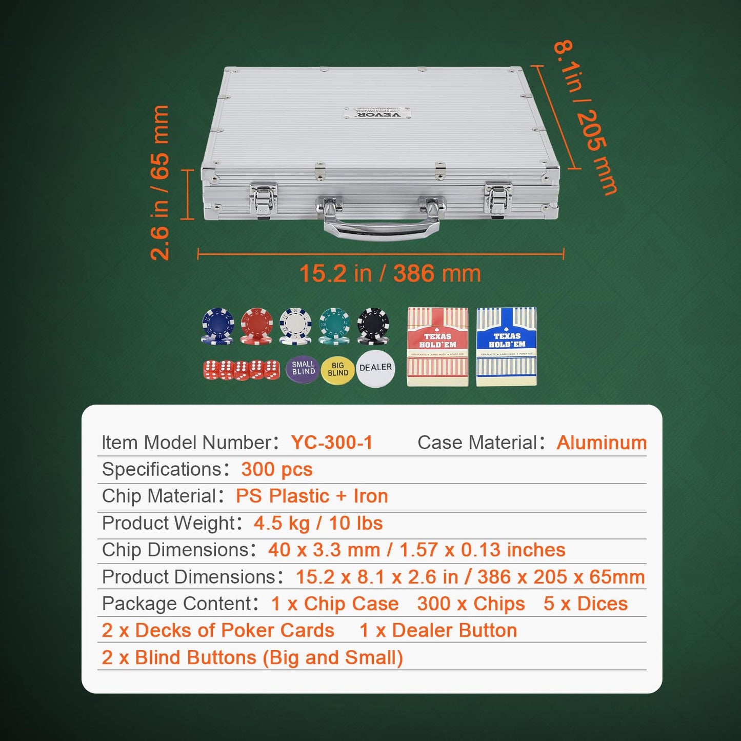 VEVOR Poker Set, 300-Piece Complete Poker Playing Game Set for Texas Hold'em, Blackjack, Gambling, Poker Chip Set with Aluminum Carrying Case, 11.5 Gram Casino Chips, Cards, Buttons and Dices