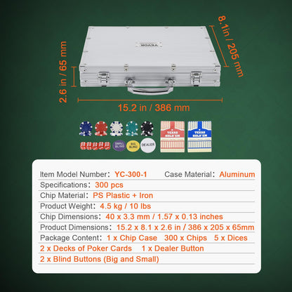 VEVOR Poker Set, 300-Piece Complete Poker Playing Game Set for Texas Hold'em, Blackjack, Gambling, Poker Chip Set with Aluminum Carrying Case, 11.5 Gram Casino Chips, Cards, Buttons and Dices