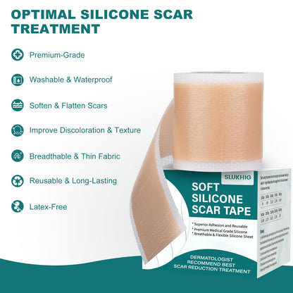 Silicone Scar Sheets (1.6"x 79" Roll-2M), Silicone Scar Tape for Scar Removal Treatment, Reusable Silicone Scar Strips for C-Section, Keloid, Burn, Acne, Surgical Scars