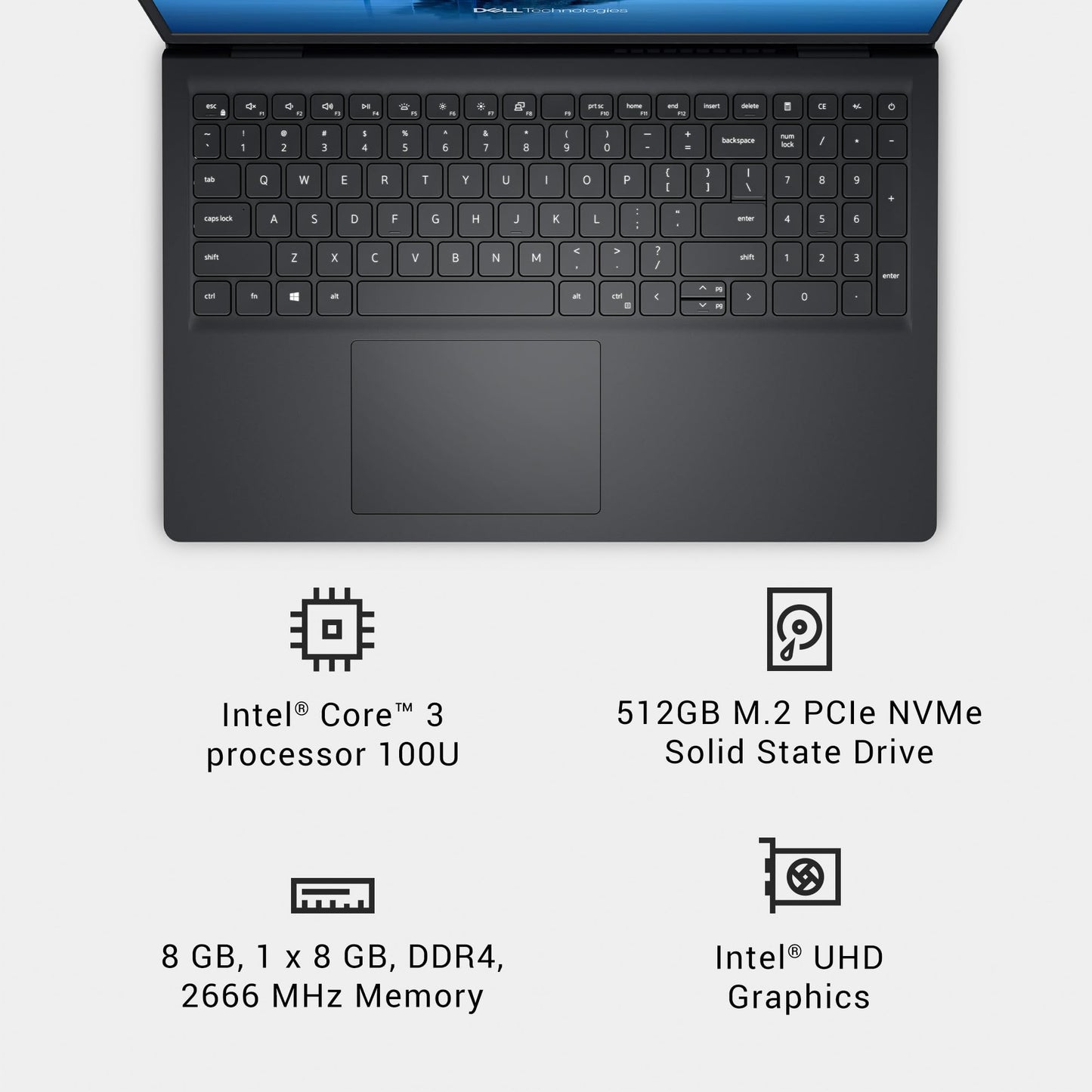 Dell 15 Laptop DC15250-15.6-inch FHD 120Hz Display, Intel Core 3 Processor 100U Processor, 8GB DDR4 RAM, 512GB SSD, Intel UHD Graphics, Windows 11 Home, Onsite Service - Carbon Black