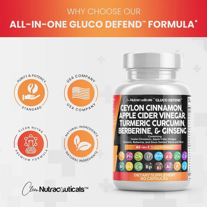Clean Nutraceuticals Ceylon Cinnamon Turmeric Apple Cider Vinegar Ginseng Berberine Plus Bitter Melon Gymnema Milk Thistle Fenugreek