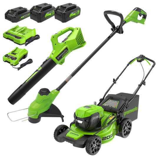 Greenworks 48V (2x24V) Electric Lawn Mower Combo Kit: 20"Steel Deck Push Mower, 12" String Trimmer, 320 CFM Blower, 3 Batteries & 2 Chargers, 3-Year Warranty.