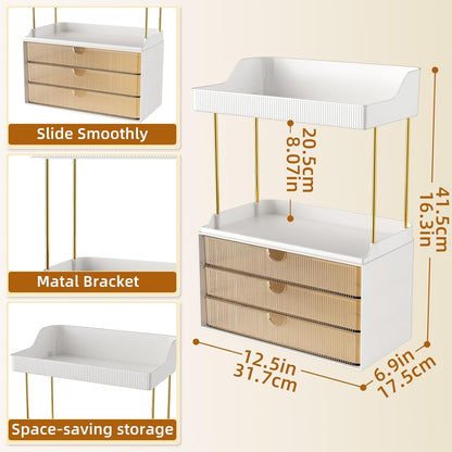 StorBin 3 Large Drawers Makeup Organizer - 5 Tier Bathroom Counter Organizers and Storage, Versatile Perfume Vanity Organizer, Ideal for Cosmetic, Large Skincare, Face Mask, Office Supplies, Amber