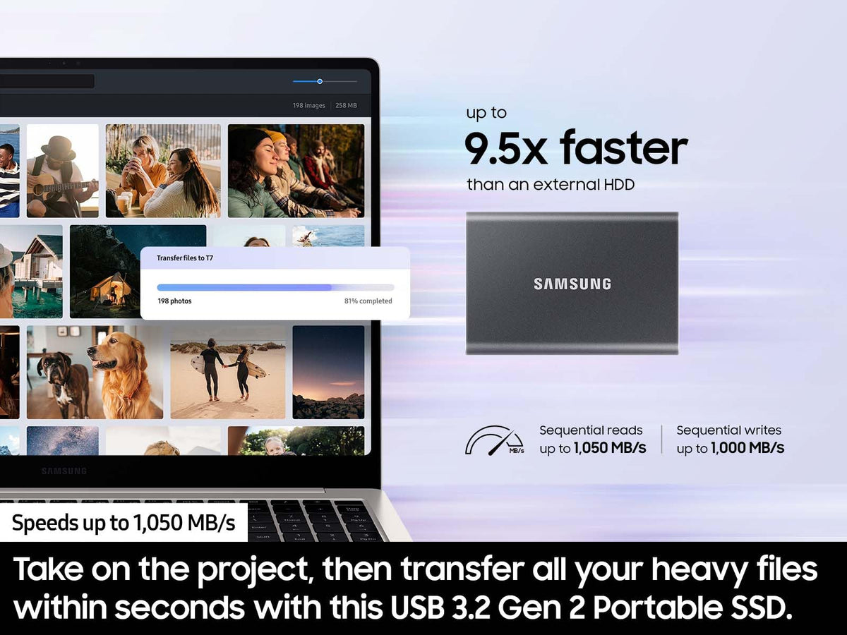 SAMSUNG T7 Portable SSD, 1TB External Solid State Drive, Speeds Up to 1,050MB/s, USB 3.2 Gen 2, Reliable Storage for Gaming, Students, Professionals, MU-PC1T0T/AM, Gray