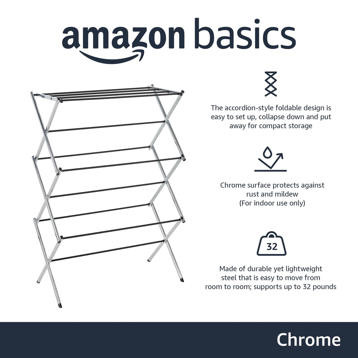 Amazon Basics Foldable Portable Laundry Drying Rack for Indoor Air Drying Clothing, 14.5 x 29.5 x 41.8 inches (LxWxH), Chrome Silver