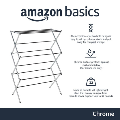 Amazon Basics Foldable Portable Laundry Drying Rack for Indoor Air Drying Clothing, 14.5 x 29.5 x 41.8 inches (LxWxH), Chrome Silver