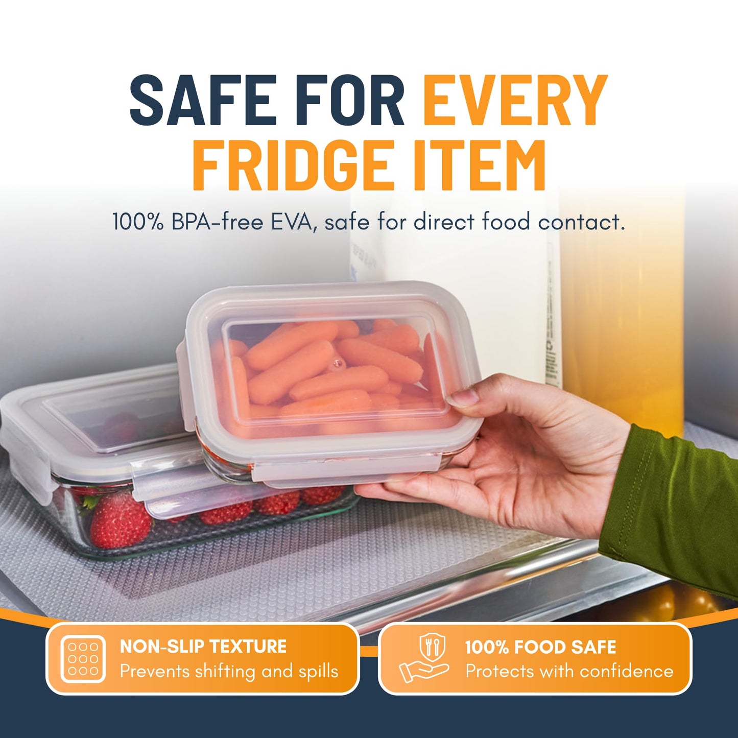 Refrigerator Liners for Shelves (8 Pack) by Linda’s Essentials - Non-Adhesive Drawer and Shelf Liner, BPA-Free Fridge Mats for Kitchen & Cabinets, Easy to Clean, Ideal Household Essentials (Clear)