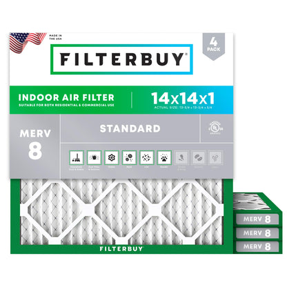 Filterbuy 14x14x1 Air Filter MERV 8 Essential Dust & Allergy Defense (4-Pack), Electrostatic Pleated HVAC AC Furnace Filters Replacement, Made in USA (Actual Size: 13.75 x 13.75 x 0.75)