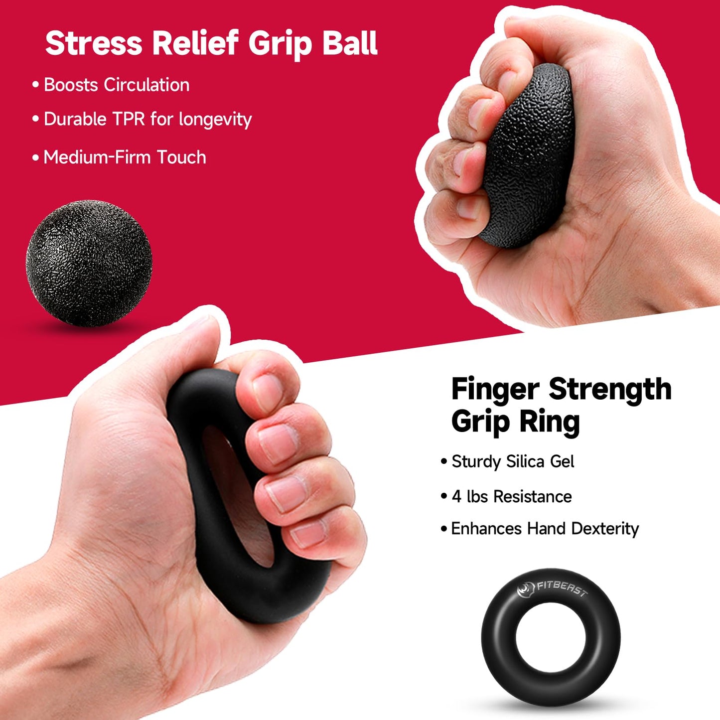 FitBeast Hand Grip Strengthener Workout Kit (5 Pack) - 2 Forearm Adjustable Resistance Grippers, Finger Stretcher, Ring & Stress Relief Ball for Athletes (Black)