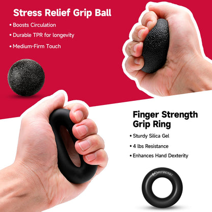 FitBeast Hand Grip Strengthener Workout Kit (5 Pack) - 2 Forearm Adjustable Resistance Grippers, Finger Stretcher, Ring & Stress Relief Ball for Athletes (Black)