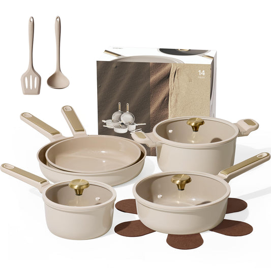 CAROTE Ceramic Cookware Set Nonstick, 14pcs Pots and Pans Set Nonstick, Non-Toxic & PFAS-Free, Dishwasher, RV/Camping Cookware Set, Cooking Pots with Lids, Light Taupe