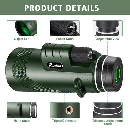 40x60 High Power Monocular Telescope for Adults - Equipped with Phone Adapter, Tripod, and Hand Strap - Low Light Night Vision with BAK4 Prism - Perfect for Bird Watching, Travel, and Concerts