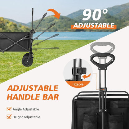 Sweetcrispy Collapsible Foldable Wagon Cart, Large Capacity Garden Beach Cart with All-Terrain Wheels, Heavy Duty Utility Grocery Wagon with Drink Holders for Shopping Sports Camping - 35IN Black