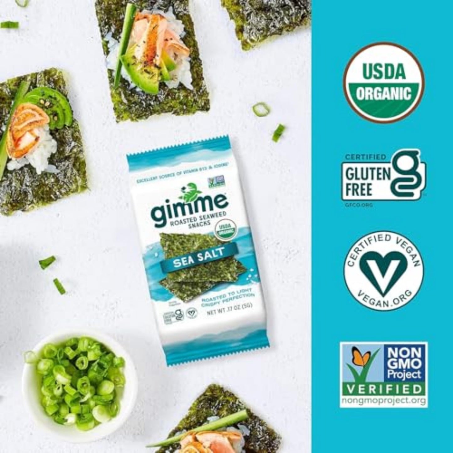 Gimme Seaweed Organic Premium Roasted Seaweed Snacks, Sea Salt, 6 Count, Keto, Vegan, Gluten-Free, Great Source of Omega3s and Iodine, Healthy On-The-Go Snack for Kids and Adults