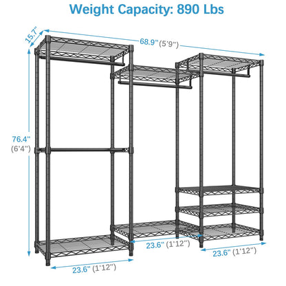 VIPEK V5 Portable Closet Wardrobe Heavy Duty Clothes Rack, Freestanding Clothing Rack with 4 Hang Rods & 8 Shelves, Adjustable Closet Racks, 68.9" L x 15.7" W x 76.4" H, Max Load 890LBS, Black