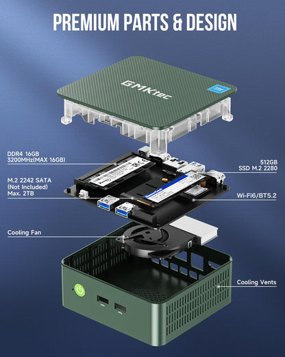 GMKtec Mini PC, Intel Twin Lake N150 (Upgraded N100), 16GB DDR4 RAM 512GB PCIe M.2 SSD, Desktop Computer 4K Dual HDMI/USB3.2/WiFi 6/BT5.2/2.5GbE RJ45 for Office, Business
