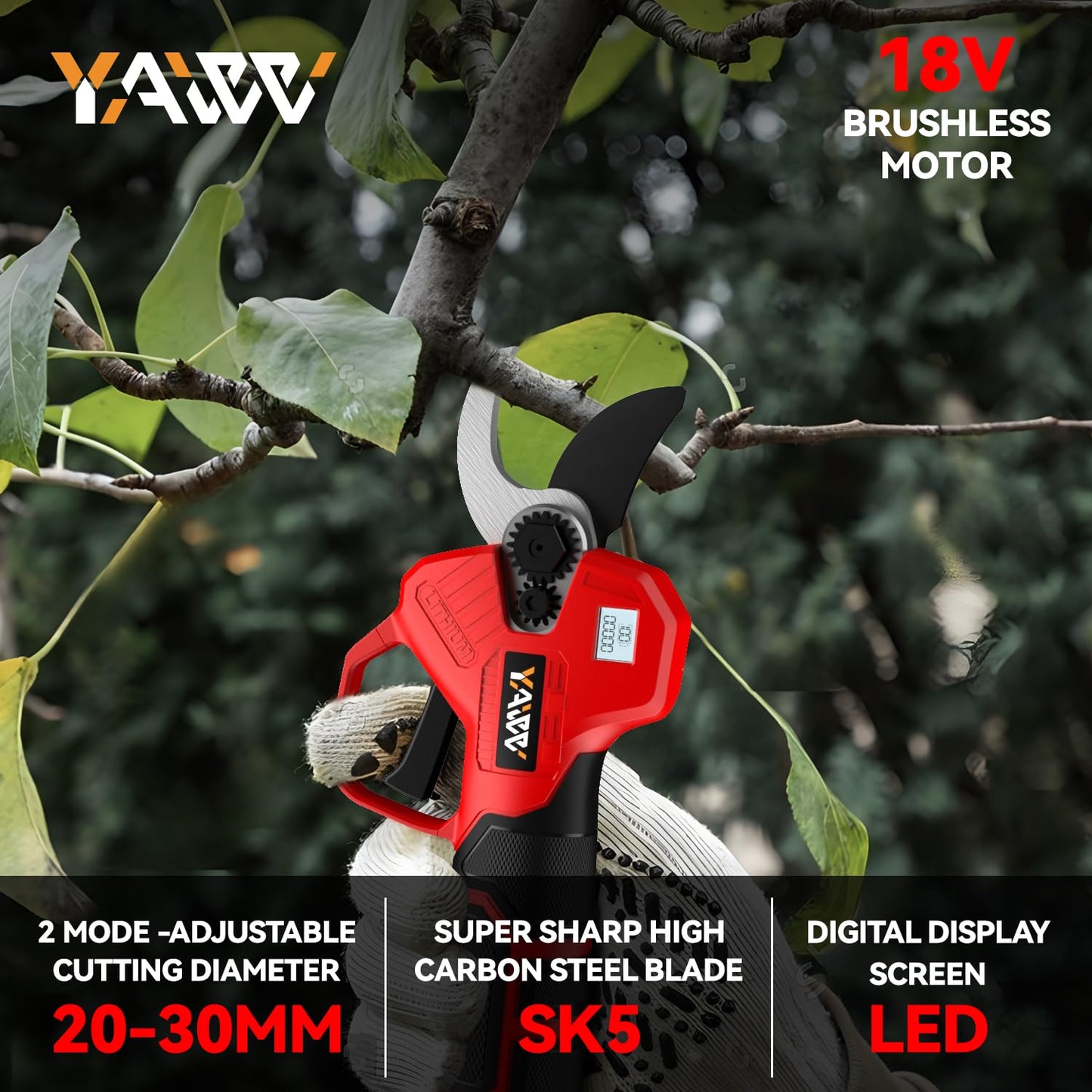 Electric Pruning Shears for Milwaukee M18 Battery, Portable Cordless Pruning Shears with LCD Display＆SK5 Blades, Adjustable Cutting Diameter 0.8-1.2 Inch for Gardening Tree Pruning(NO Battery)