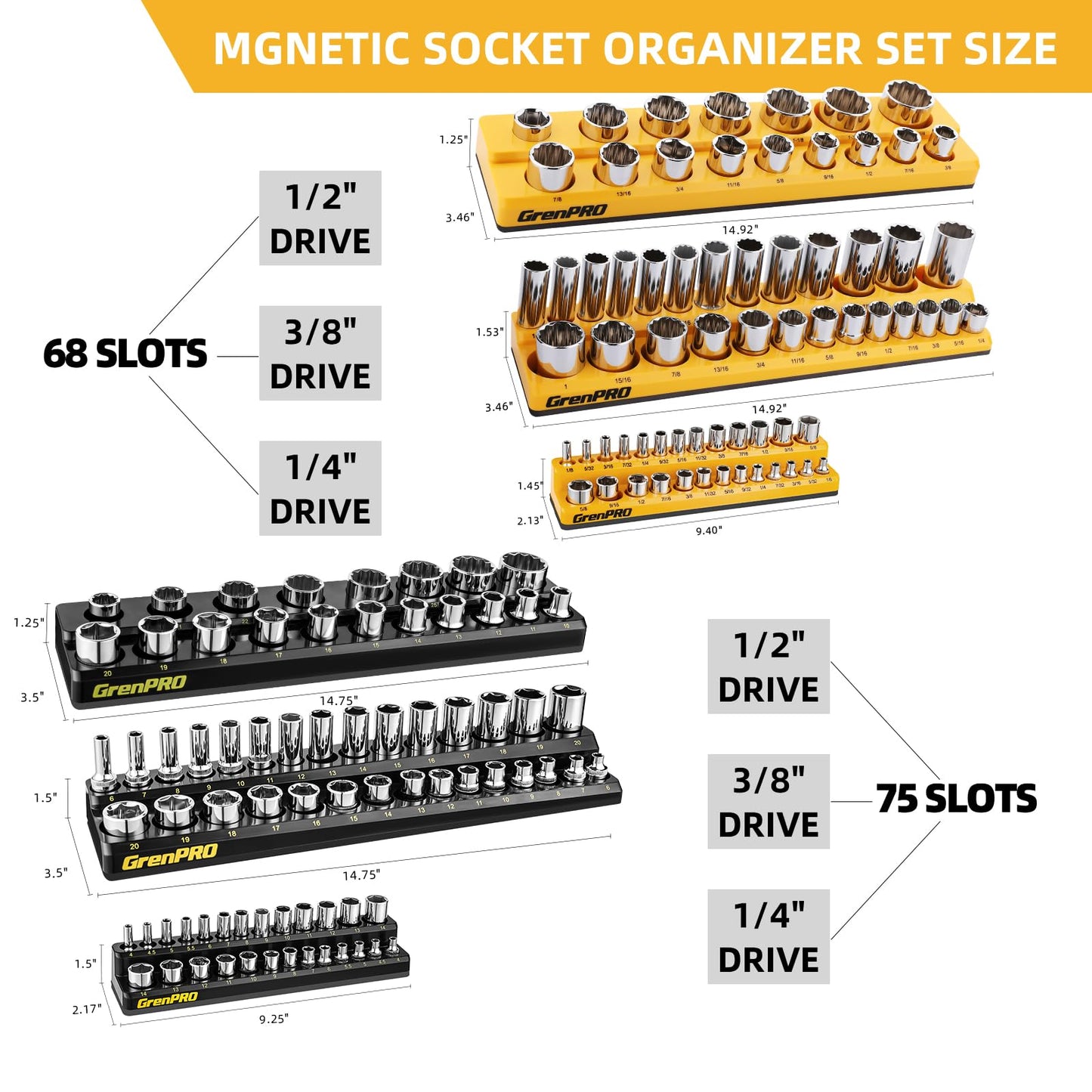 GRENPRO Socket Organizer for Tool Box Drawer, 6pc 143 Metric & SAE Magnetic Socket Holder, 1/4", 3/8", 1/2" Drive Socket Tray Set, Magnetic Socket Organizer