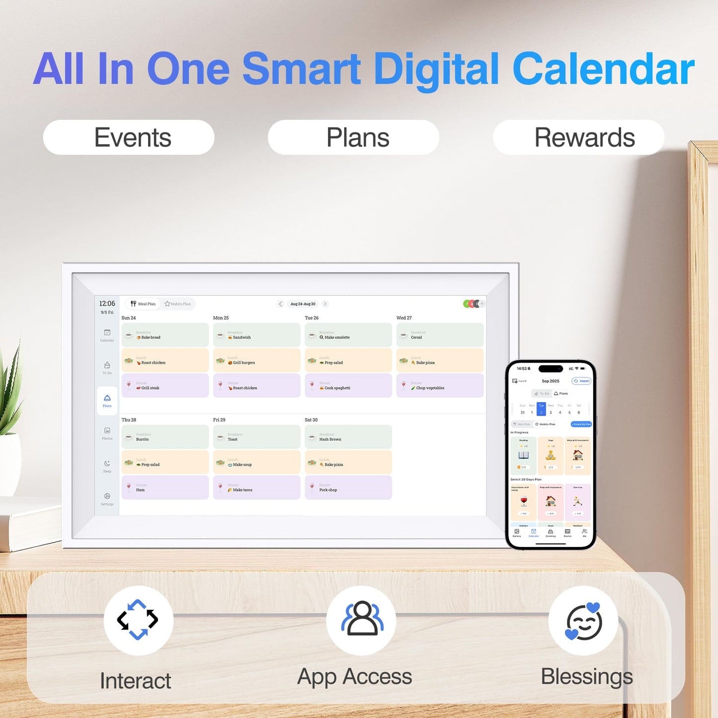 Digital Calendar 15.6 inch ECalendar Planner Wall Touch Screen, Electronic Calendars for Family Organizer, Smart Chore Chart Sync with Phone by App for Meal Planner, Photo Share Stand & Wall Mount