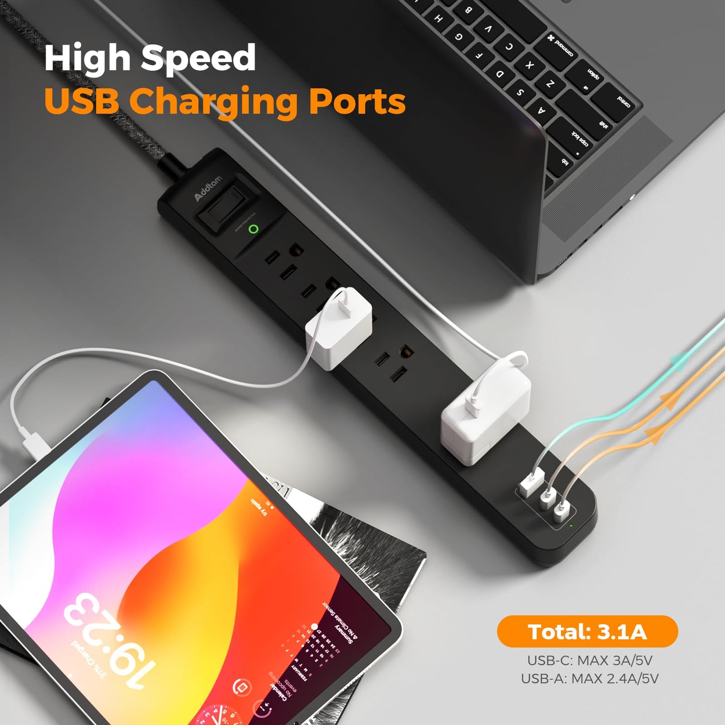 2 Pack Power Strip Surge Protector - 5 Widely Spaced Outlets 3 USB Charging Ports, 1875W/15A 6Ft Braided Extension Cord, Flat Plug Overload Protection, Wall Mount for Home Office Dorm Room Essentials