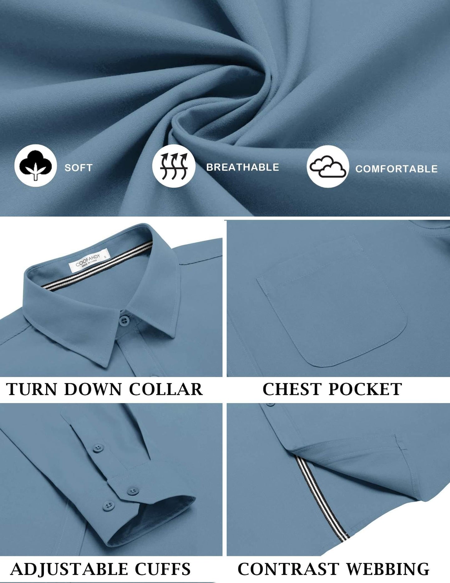 COOFANDY Mens Casual Button Down Shirt Long Sleeve Untucked Dress Shirt with Pocket Grey Blue