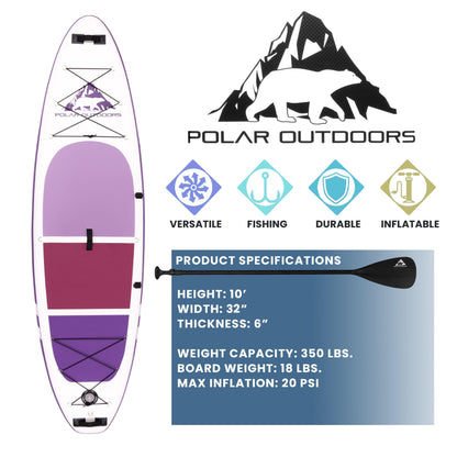 Polar Outdoors by Roc Inflatable Stand Up Paddle Board with Premium SUP Paddle Board Accessories, Wide Stable Design, Non-Slip Comfort Deck for Youth & Adults (Orchid)