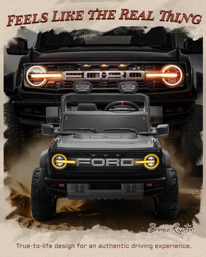 First Ride On 24V Ride on Toys for Big Kids, Licensed Ford Bronco Raptor Electric Car 2 Seater with Remote Control, Kids Ride on Cars w/ 2-Seater, 4.3 Mph Max Speed, Soft Start Function (24V, Black)