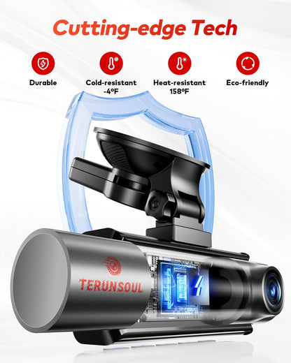 TERUNSOUl 4K+4K+1080P 3 Channel Dash Cam Front and Rear with Cabin, Free 128GB Card Included, 5.8GHz WiFi6 - up to 20MB/s, IR Night Vision, Built-in GPS, G-Sensor, 24H Parking Mode, Support 512GB Max