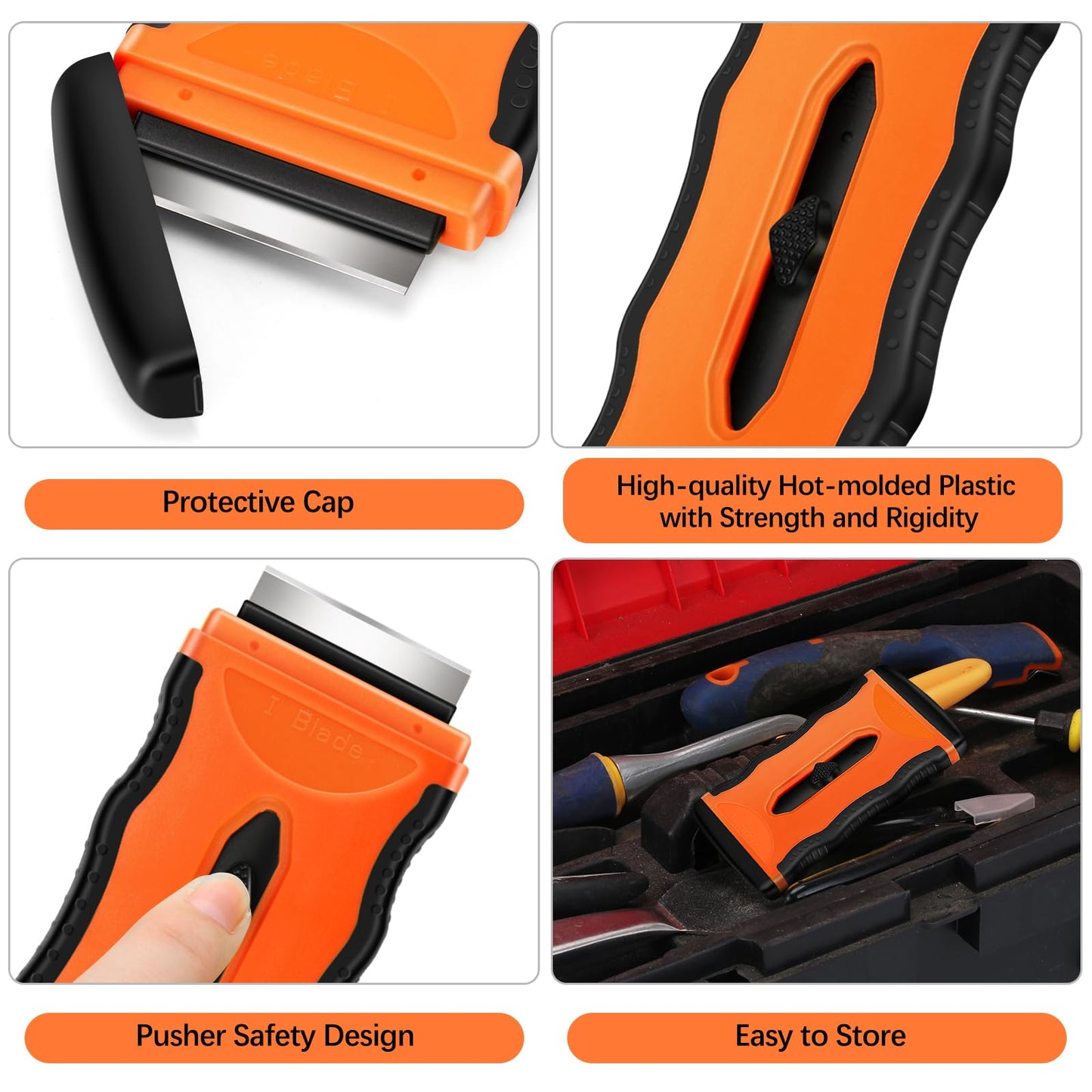 DEKEones Razor Blade Scraper, 2 Pack 2-in-1 Retractable Double-ended Razor Scraper Tool with 20PCS Plastic and Metal Razor Blades, Multi-Purpose Scraping Tool for Cleanning Cooktop, Oven (Orange）