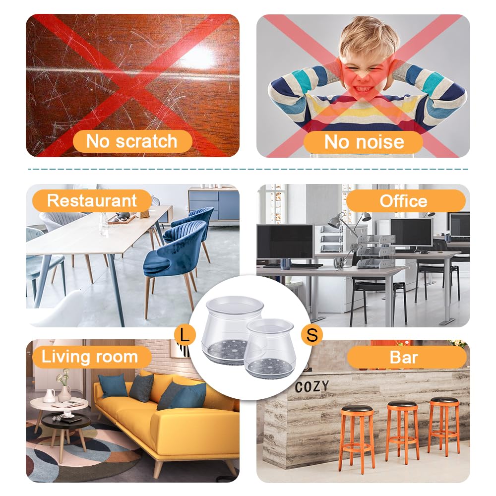 32 Pcs Chair Leg Protectors for Hardwood Floors, Clear Silicone Felt Furniture Leg Cover Pad for Protecting Floors from Scratches and Noise, Smooth Moving(Large Fit Round Diameter：1-5/16" to 2")