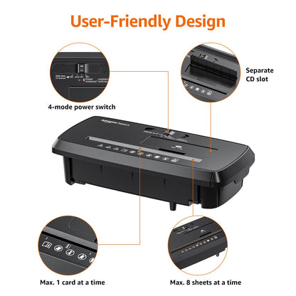 Amazon Basics 8-Sheet Strip Cut Paper, CD, and Credit Card Shredder with Auto-Off Compact, Portable Design, No Basket, Extendable Arm, Black