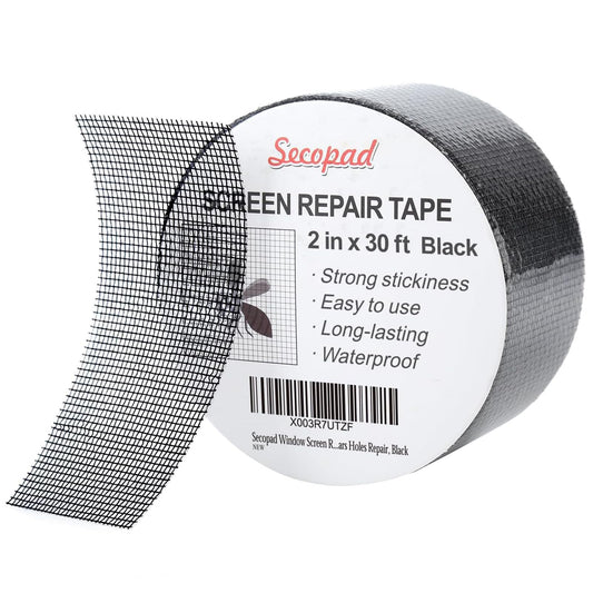 Secopad Black Window Screen Repair Tape, 2 in X 30 FT (360IN) Screen Repair Kit for Windows or Doors, Strong Adhesive Fiberglass Mesh Patch Tape