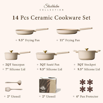 CAROTE Ceramic Cookware Set Nonstick, 14pcs Pots and Pans Set Nonstick, Non-Toxic & PFAS-Free, Dishwasher, RV/Camping Cookware Set, Cooking Pots with Lids, Light Taupe