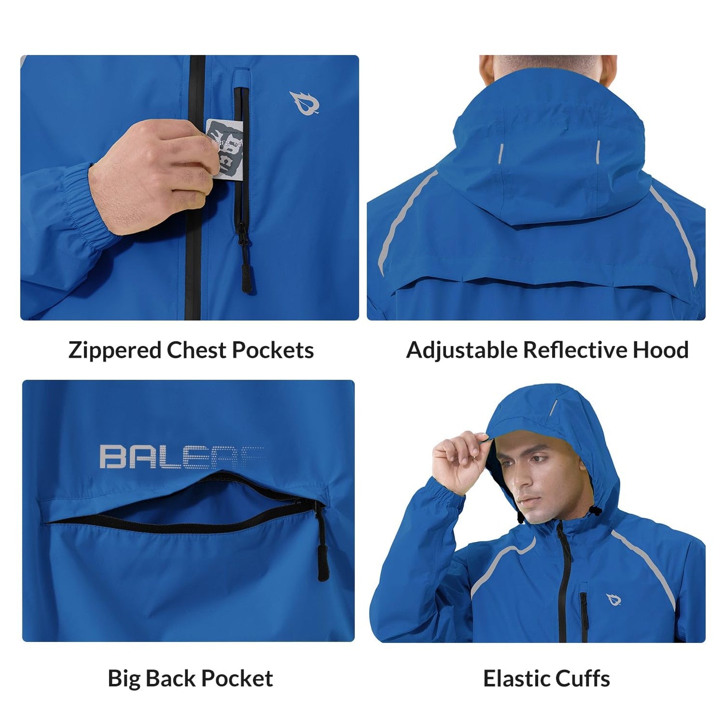 baleaf Men's Rain Jacket Waterproof Windbreaker Raincoat Running Cycling Golf Gear Hood Lightweight Reflective Packable Royal Blue 3XL
