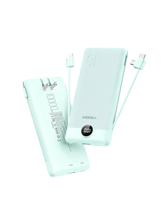 VEGER Portable Charger for iPhone with Built in Cables and Wall Plug, 10000mah Slim Fast Charging USB C Power Bank, Travel Essential Battery Pack Compatible with iPhone, iPad, Samsung etc(Green)