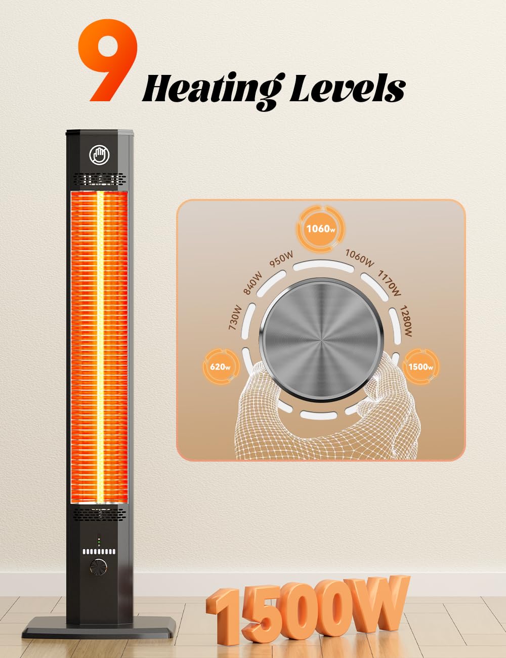 HETRAROOT 42INCH Outdoor Heater, 9Heat Levels & 540Min Timer, Child Safety Lock, IP65 Waterproof Garage Heater, 1500W Infrared Heating,Tip-Over&Overheat Protection,Patio Heaters for Outdoor Use Indoor