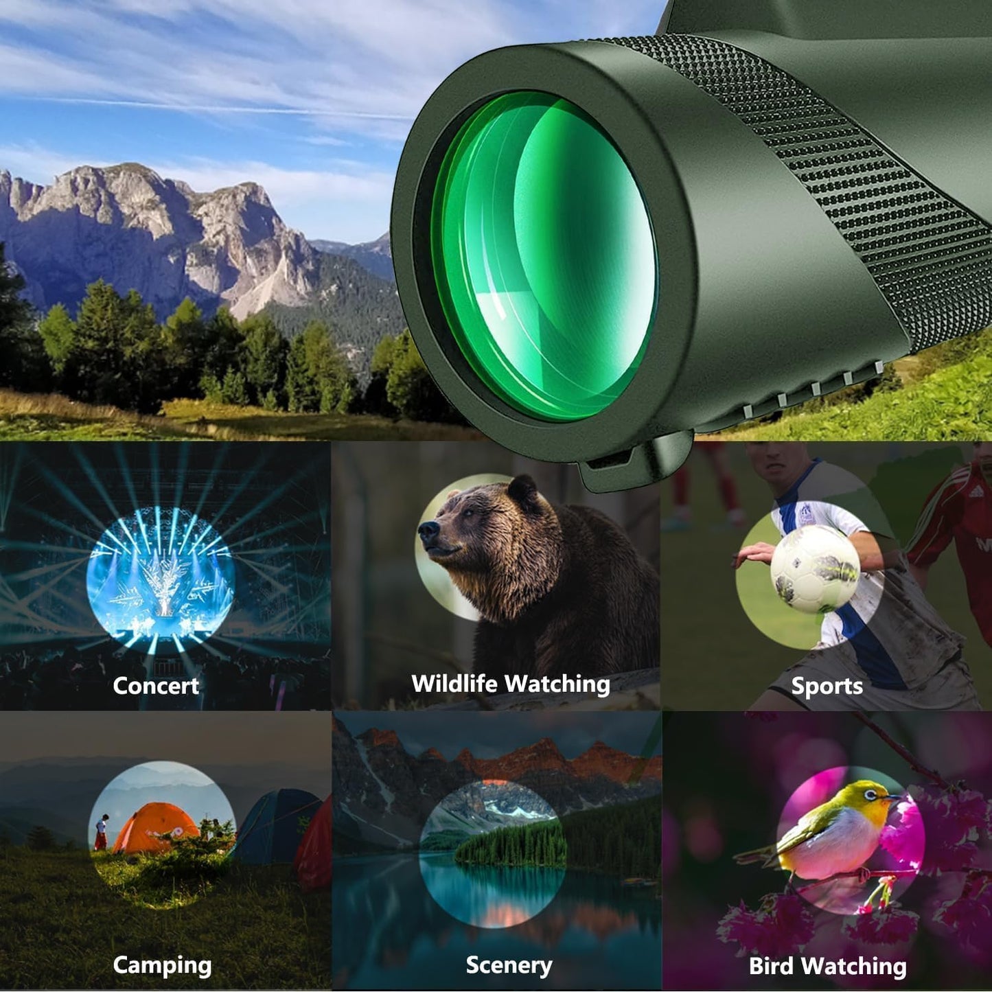 Monocular-Telescope 80x100 High Powered Monoculars High Definition for Adults High Powered with HD BAK4 Prism Smartphone Adapter Telescope Hunting Wildlife Bird Watching Travel Camping Hiking-Green