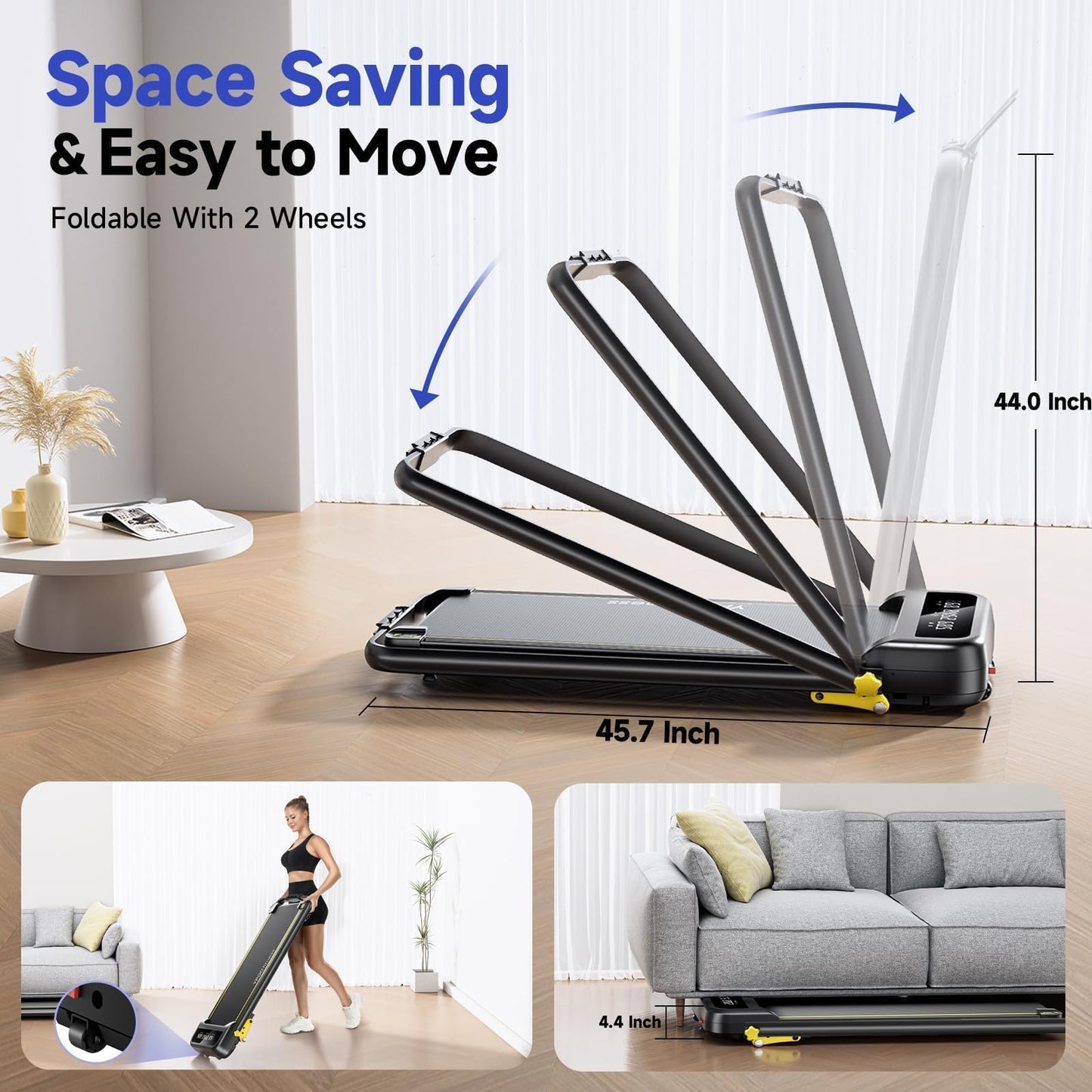 YPOO Foldable Treadmill with Incline, Walking Pad with Handle Bar 3 Level Incline, Portable Folding Treadmills for Home/Office 300 Lbs Capacity, Quiet Desk Treadmill with Remote Control & APP