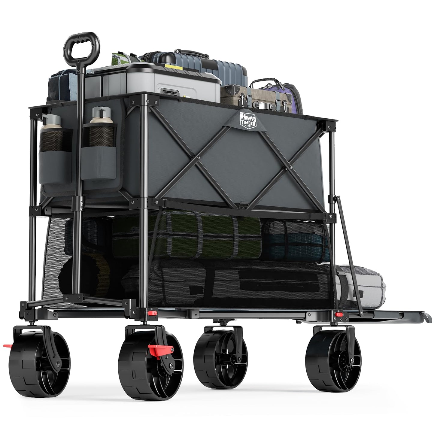TIMBER RIDGE 400L Large Capacity Folding Double Decker Wagon with Brakes, 54" Extra Long Extender Wagon Cart, 450lbs Heavy Duty Collapsible Cart, All-Terrain Big Wheels for Camping, Sports, Shopping