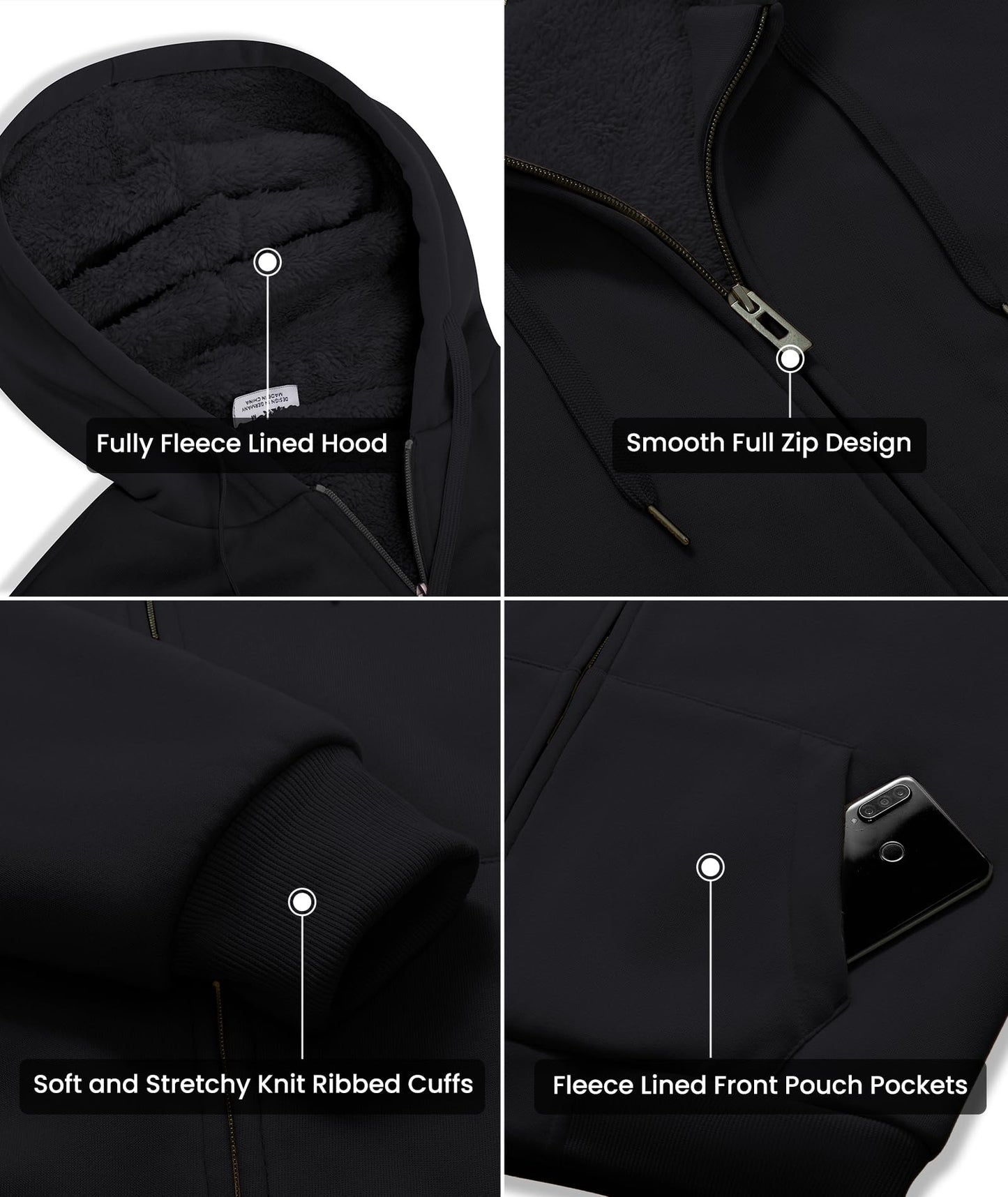 GEEK LIGHTING Hoodies for Men Heavyweight Fleece Sweatshirt - Full Zip Up Thick Sherpa Lined All black XL